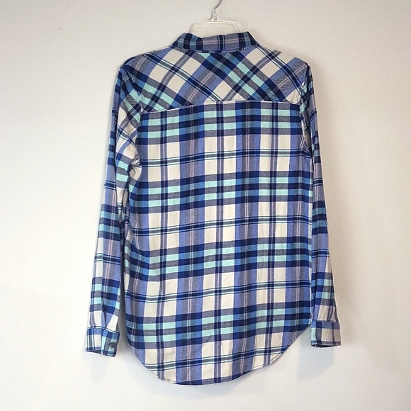 VANS Blue Cream Plaid Flannel Hi-Low Hem Button Down Shirt - Picture 8 of 11